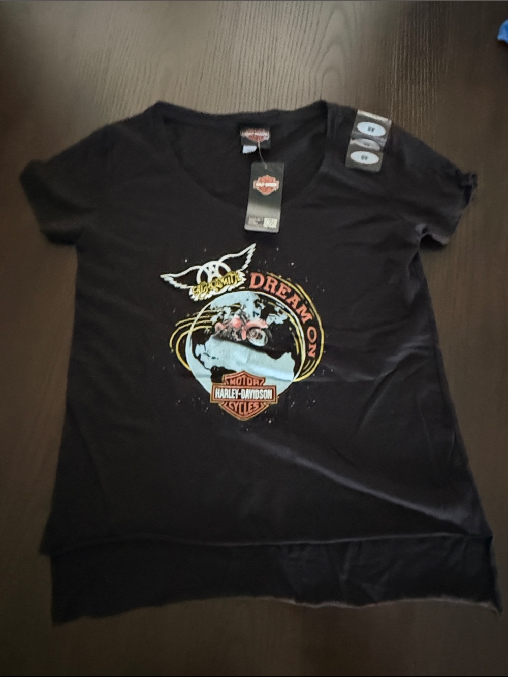 Harley-Davidson Black Tee with Blue, Yellow and Red Dream On Globe Graphic